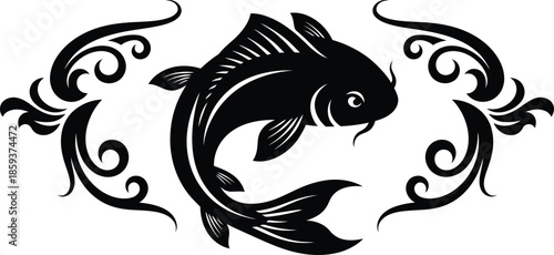 Black fish silhouette featuring vintage floral scrollwork and ornate symmetrical flourishes for tattoo and creative design.