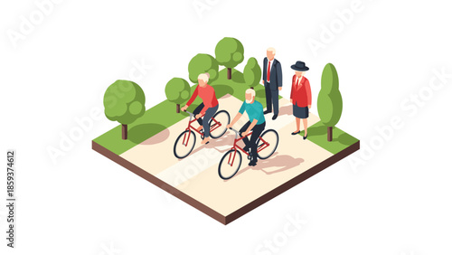 Isometric park scene with cyclists and pedestrians on walkway