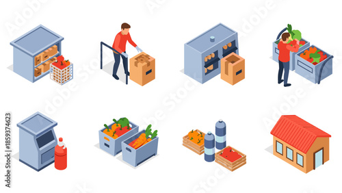 Grocery store scenes with people shopping and handling goods in isometric style