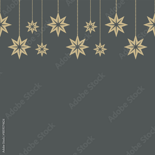 Elegant seamless pattern of geometric gold stars hanging from lines on a dark background