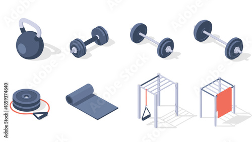 Isometric gym equipment set with weights and fitness accessories