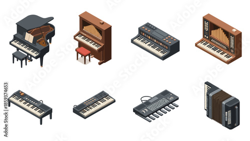 Collection of isometric keyboard instruments in various styles