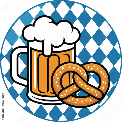 Beer mug and pretzel on blue vector white diamond background