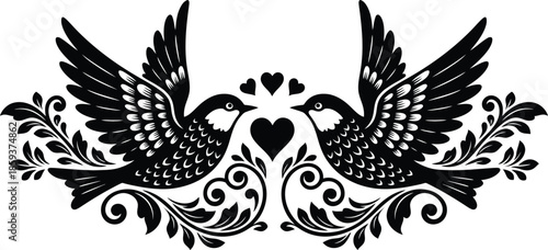 Ornate black silhouette of two birds facing each other with hearts and vintage floral scrollwork for romantic tattoo design.