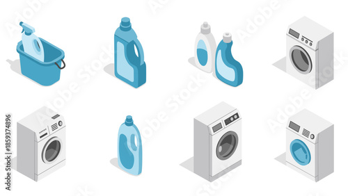 Modern isometric laundry appliances and detergent collection with blue accents