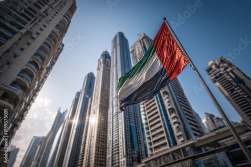 Flag Billowing High With Striking Skyscrapers Creating a Modern Skyline Generative AI