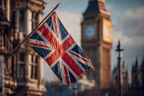 Union Jack Waves Near Big Ben at the Houses of Parliament in London Generative AI