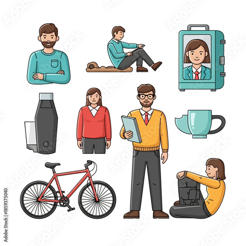 Vibrant vector set illustrating diverse individuals and daily objects, capturing modern lifestyles, professional work, personal hobbies, health, and routine activities