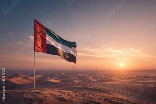 UAE Flag Waving Proudly in the Desert With a Stunning Sunset Backdrop Generative AI