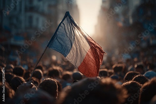 Crowd Waves National Flag During Vibrant Celebration at Sunset Generative AI