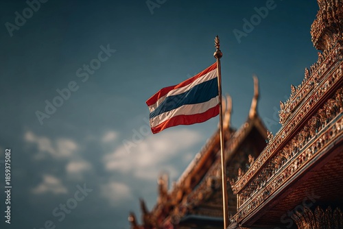 Waving Thai Flag Against Ornate Temple Under a Vibrant Sky Generative AI