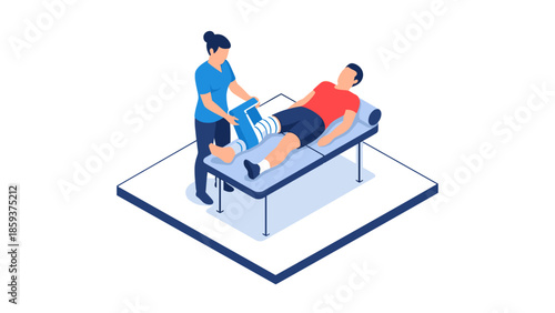 Isometric physical therapy scene with therapist and patient on treatment table