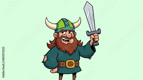 Cartoon Viking Warrior with Sword Ready for Battle.