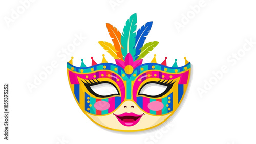 Vibrant masquerade mask with colorful feathers and makeup