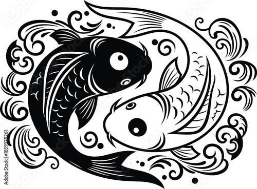 Two black and white koi fish swimming in a circular yin yang pattern with decorative water waves and bubbles vector illustration.