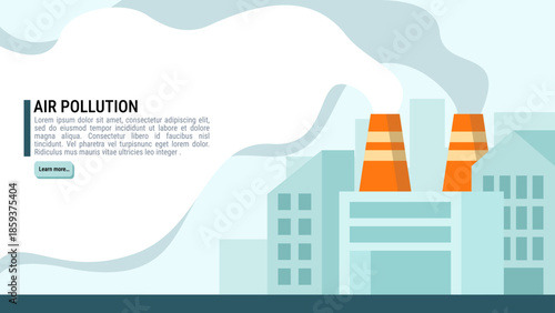 Thick black smoke is billowing from the factory smokestacks. Air pollution and Global warming concept for banner landscape size. flat illustration vector no people.