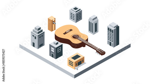 Isometric cityscape with giant guitar amidst geometric buildings
