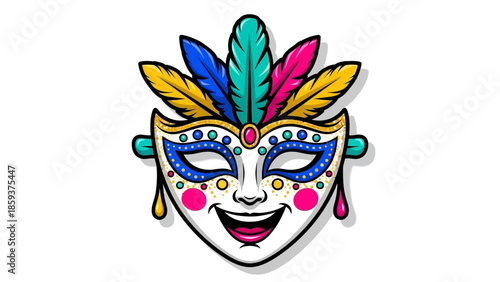 Vibrant carnival mask with colorful feathers and jewels smiling