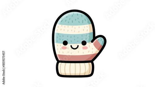 Cute cartoon mitten with smiling face on white background