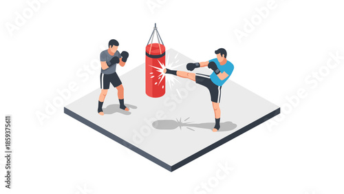 Isometric boxing scene with two men sparring and punching bag training