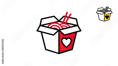 A graphic featuring a cartoon takeout box, noodles, chopsticks, and a heart on a white backdrop