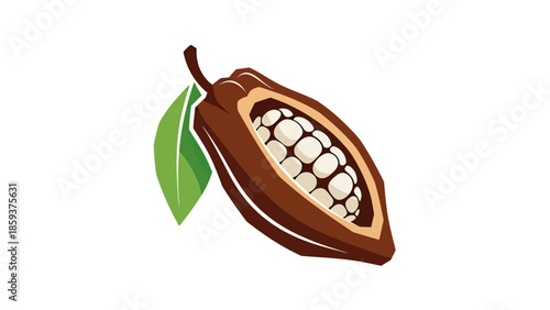 A vector illustration of a cut open cacao pod with beans, green leaf, and a stem