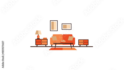 A cozy vector illustration of a living room with an orange couch, table, and side tables