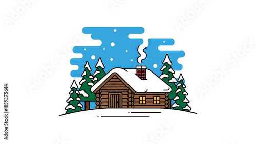 A cozy winter cabin scene with snow-covered roof and surroundings. Evergreen trees and a smoking chimney add to the peaceful, cold vibe
