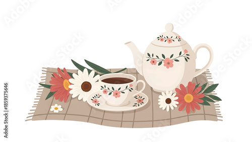A cozy tea time illustration featuring a floral decorated teapot, teacup, saucer, and vibrant daisies resting on a patterned textile