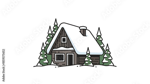 A cozy winter cabin with a snow-covered roof and windows, surrounded by stylized pine trees. The cabin sits on a snowy ground