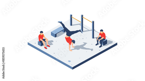 Urban workout scene with calisthenics enthusiasts in a 3d isometric style