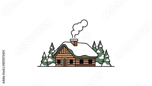A cozy winter illustration depicts a snow-covered cabin with smoke rising from the chimney. Fir trees frame the scene. Simple lines
