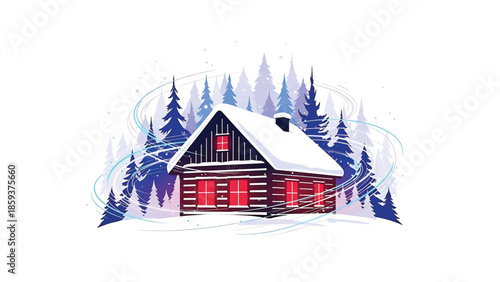 A cozy winter cabin with snow-covered roof, windows aglow, nestled amongst evergreen trees. Snowy wind swirls create a chilly atmosphere