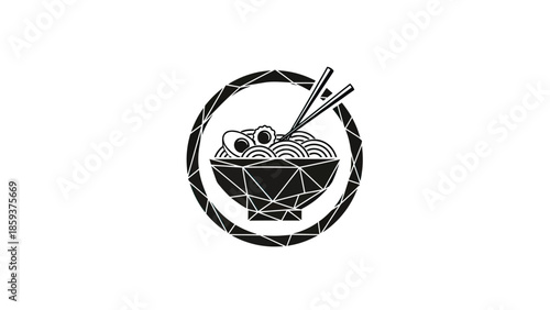 Minimalist monochrome illustration depicts ramen in a geometric bowl. Chopsticks & egg are visible