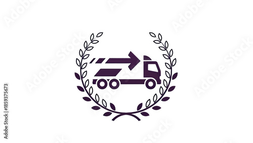 Truck with an arrow inside a laurel wreath, suggesting delivery and achievement