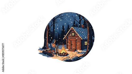 A cozy winter scene depicts a person by a campfire, with a log cabin in the background. Snow is falling in the forest