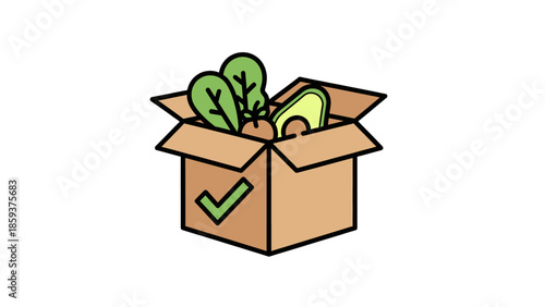 A cartoonish open cardboard box filled with leafy greens, an avocado and a tomato, and a checkmark