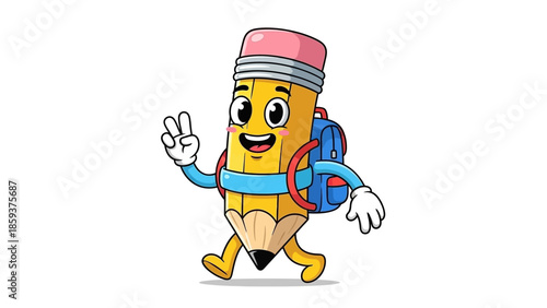 Friendly cartoon pencil character with backpack making peace sign