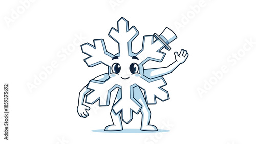 Friendly snowflake character wearing top hat and waving