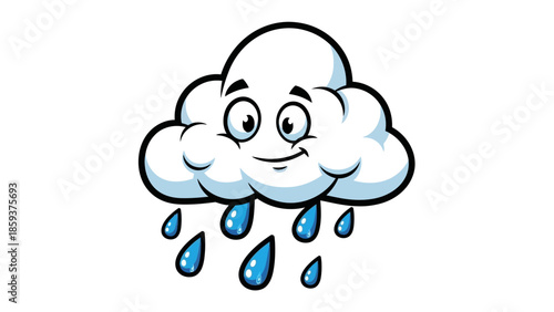 Cute cartoon cloud with smiling face and raindrops falling