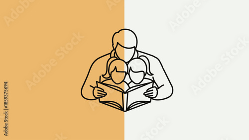 A family reading a book, split background with light orange and white