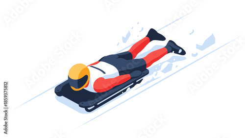 Isometric luge racer speeding down icy track in vibrant winter sports