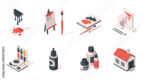 Isometric art tools and supplies collection: easel, paint, and brushes