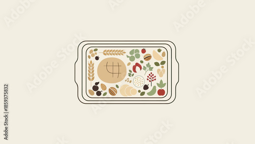 A rectangular platter with a variety of stylized food items, set against a neutral backdrop