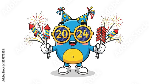 Happy cartoon character celebrating 2024 with fireworks and party hat