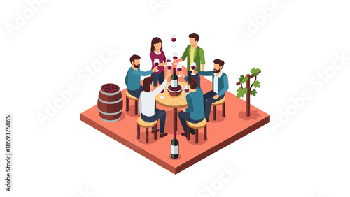 Isometric dining celebration with friends enjoying wine and food outdoors