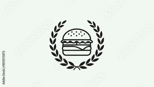 A black and white vector illustration of a burger encircled by a laurel wreath