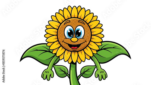 Friendly cartoon sunflower with smiling face and green leaves