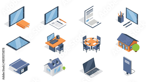 Modern isometric technology and office set with gadgets and furniture