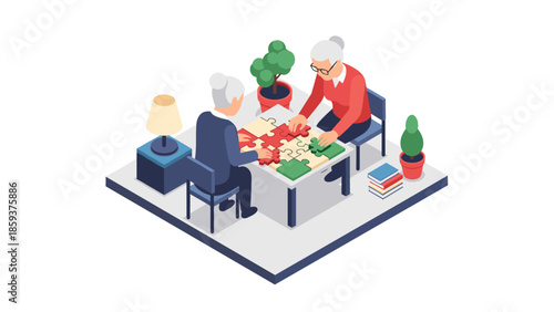 Seniors engaged in puzzle activity in cozy isometric room setting